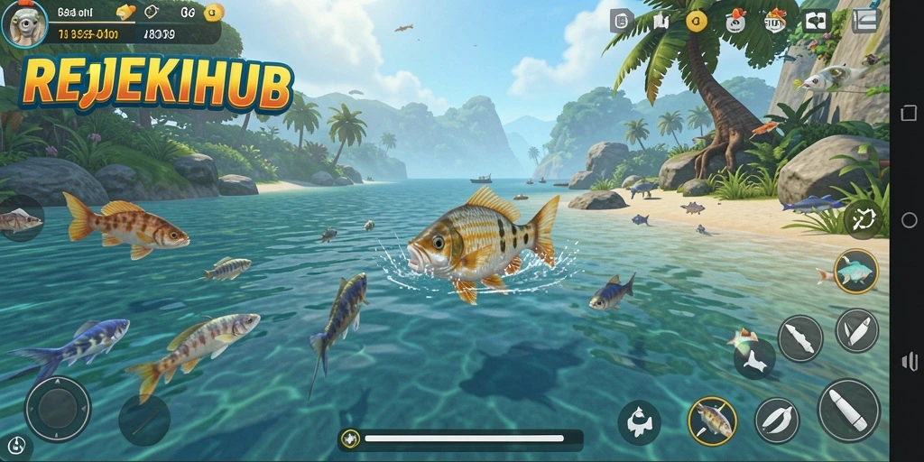 Tampilan gameplay menakjubkan dalam REJEKIHUB saat menangkap ikan.